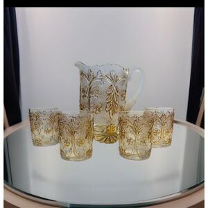 Vintage Beaumont Pattern Pressed Glass Pitcher and Tumbler Set Gold